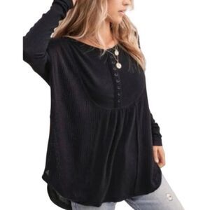 Free People Leo Henley Oversized Waffle Ribbed Combo Shir Black Sz S